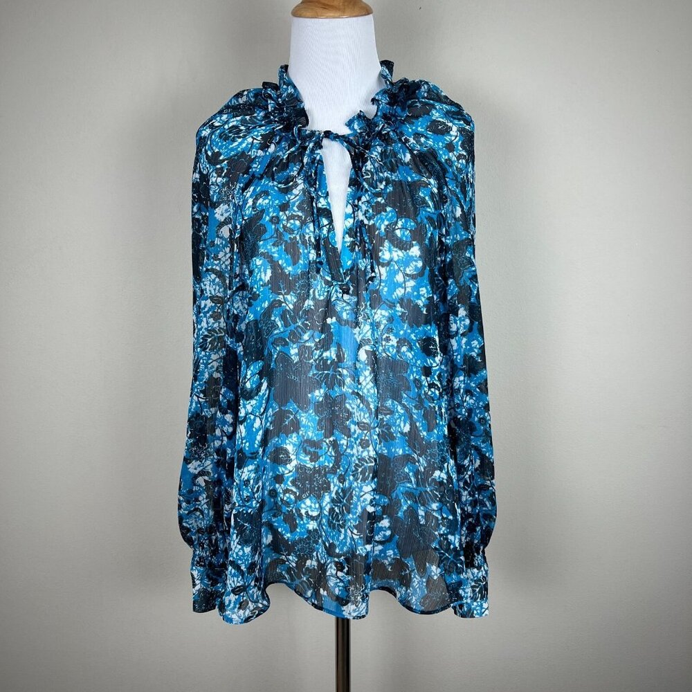 By‎ Anthropologie Blouse Top Womens Large Blue Sheer Floral Boho Long Sleeve Tie